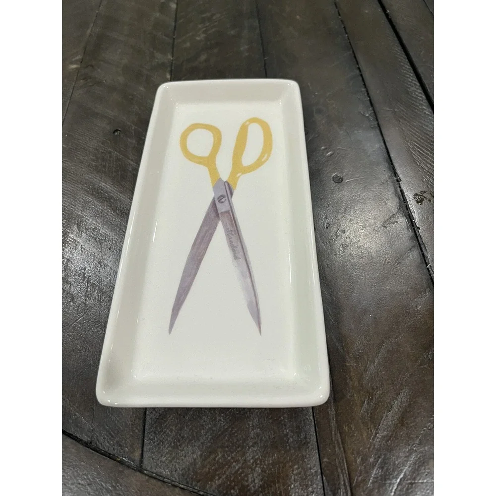 Vintage Magenta Rae Dunn Trinket Tray Dish Scissors‎ Gold White M Stamp